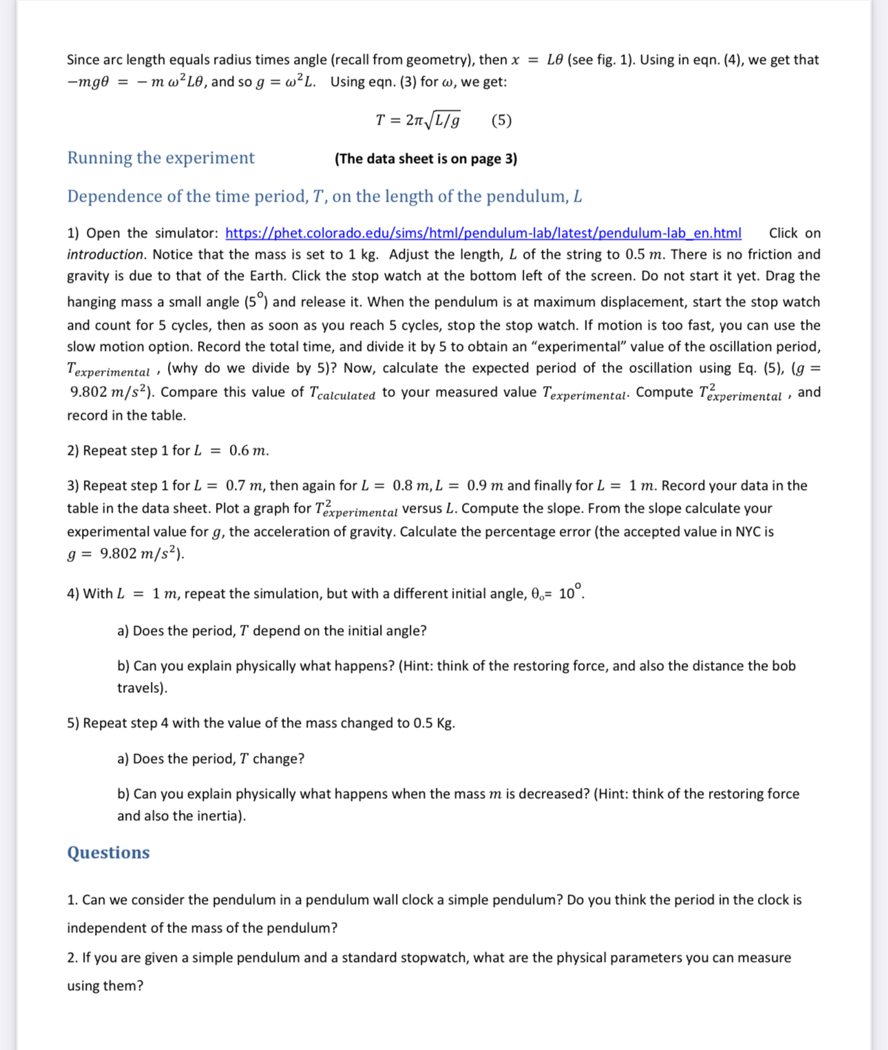 the simple pendulum and how the period time, T relate to the