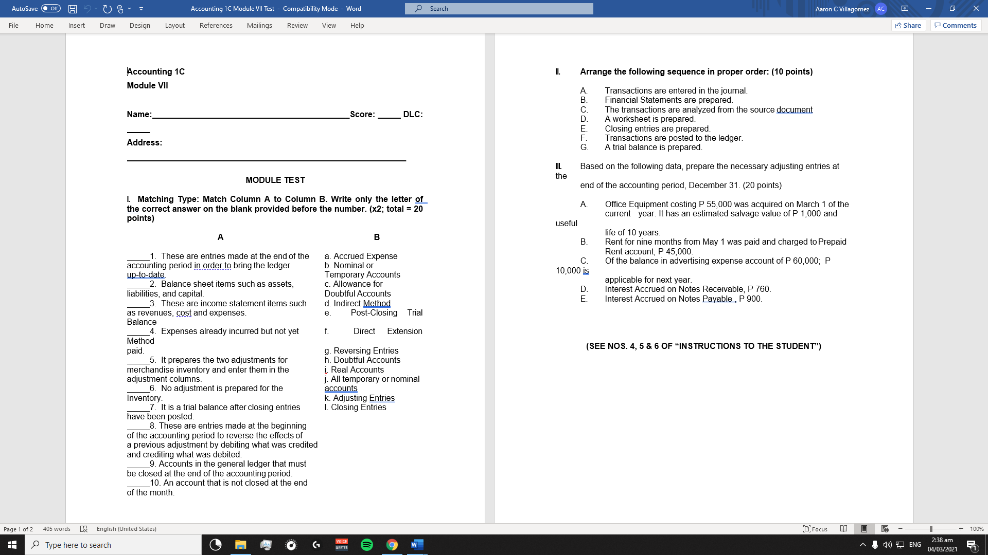  AutoSave . Off H 9 Accounting 1C Module VII Test -