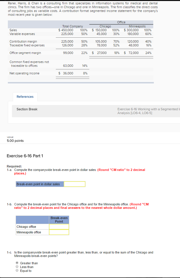 Exercise 6-16 Working with a Segmented Income Statement; Break-Even Analysis [LO6-4, LO6-5]