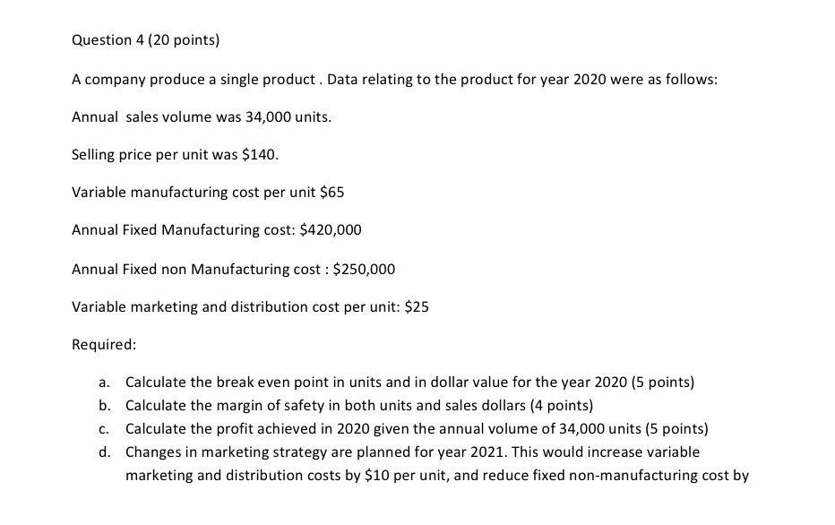 Please answer using excel and please dont use image/screenshoot Question 4 (20
