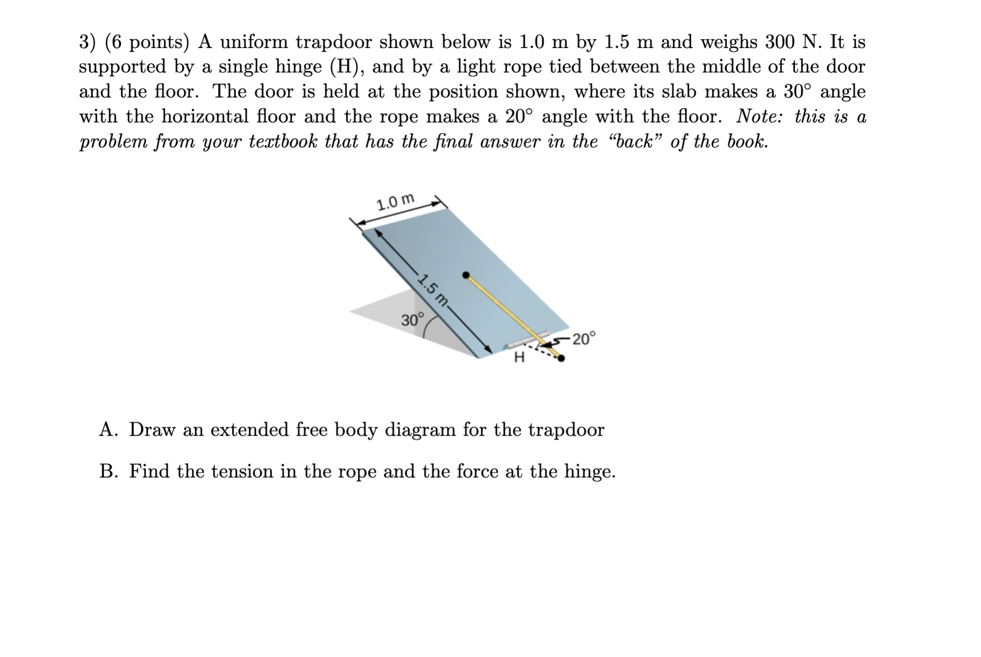 by 1.5 m and weighs 300 N. It is supported by a