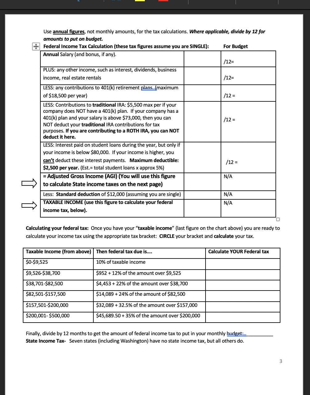 for your current financial situation, I want you to put together a