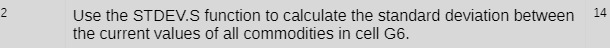 the current values of all commodities in cell G6. 14