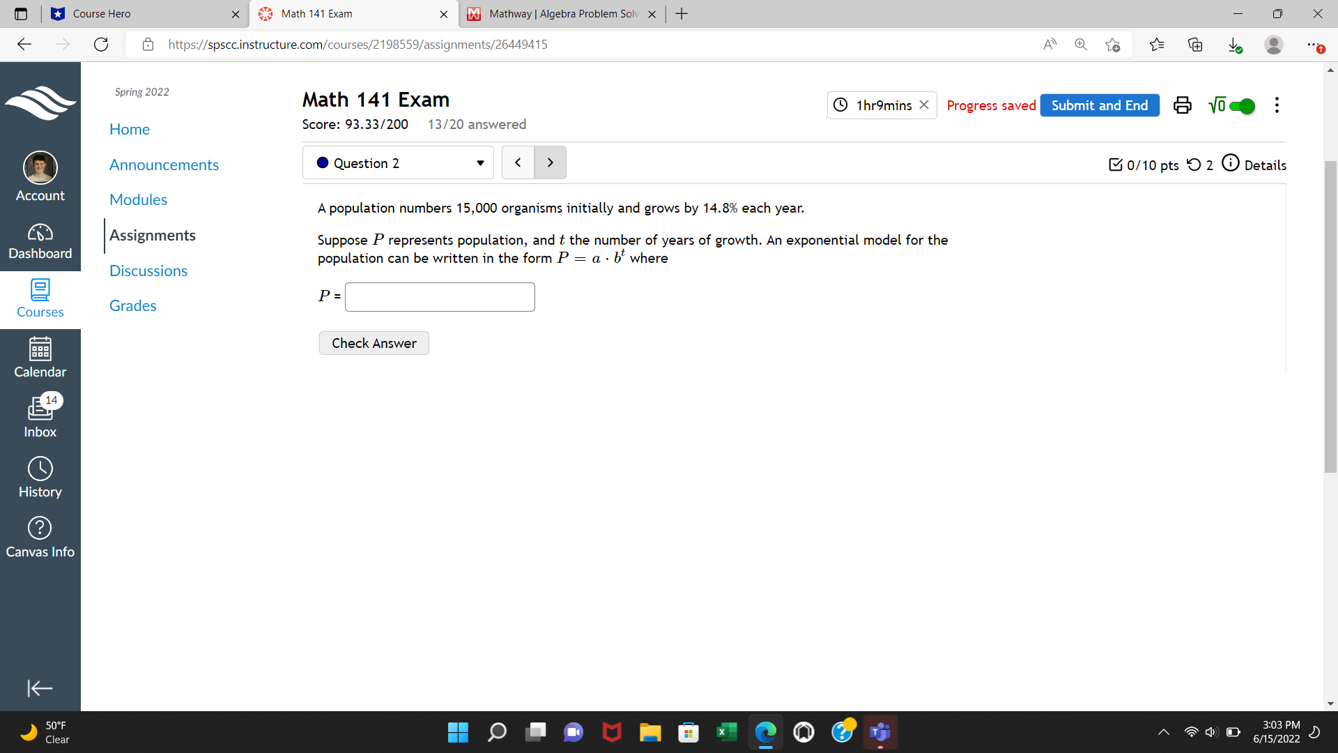 Course Hero X Math 141 Exam X Mathway | Algebra Problem