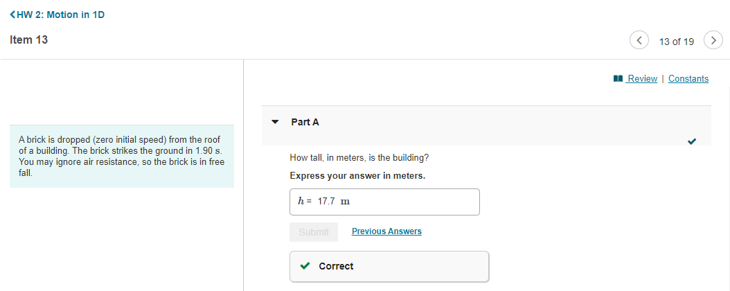 2: Motion in ID Item 13 A brick is dropped (zero initial