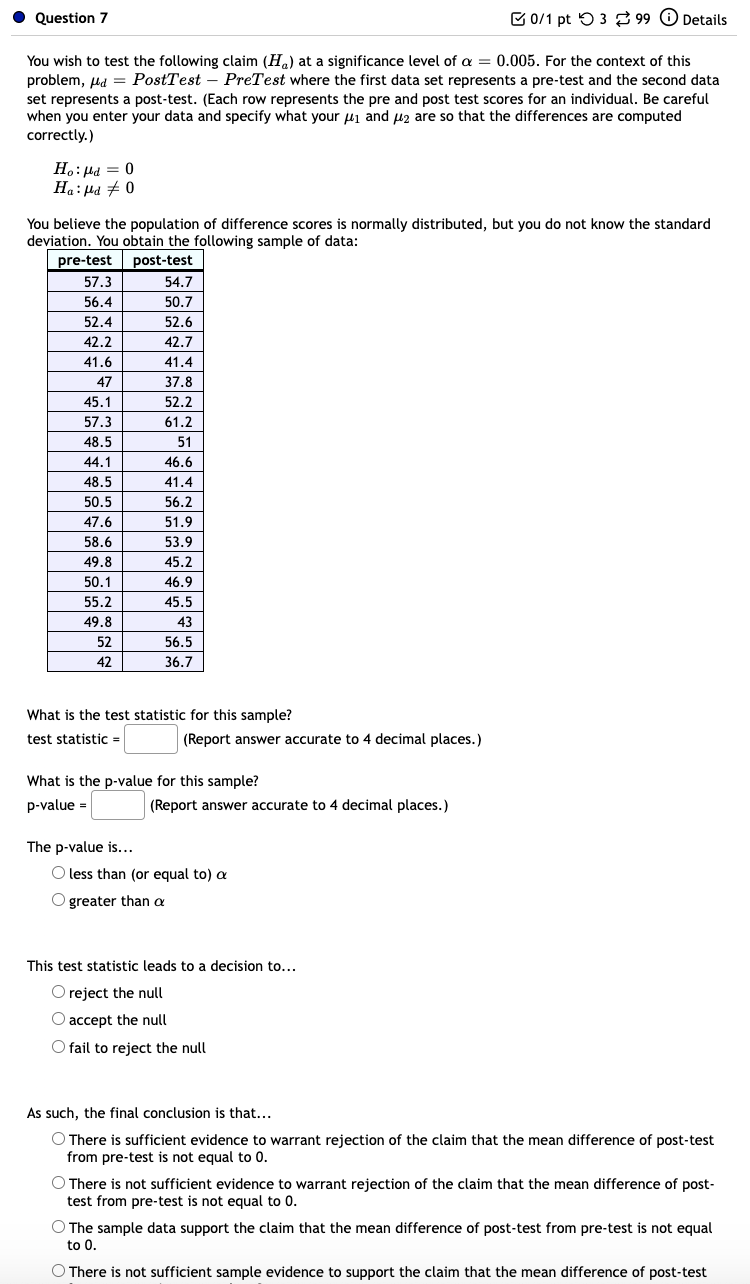training to post-test scores Comparing pain levels of a group receiving a