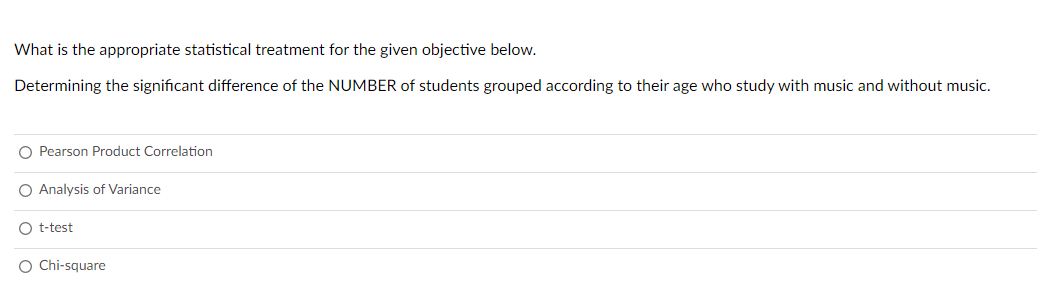 Chi-SquareWhat is the appropriate statistical treatment for the given objective below. Comparing