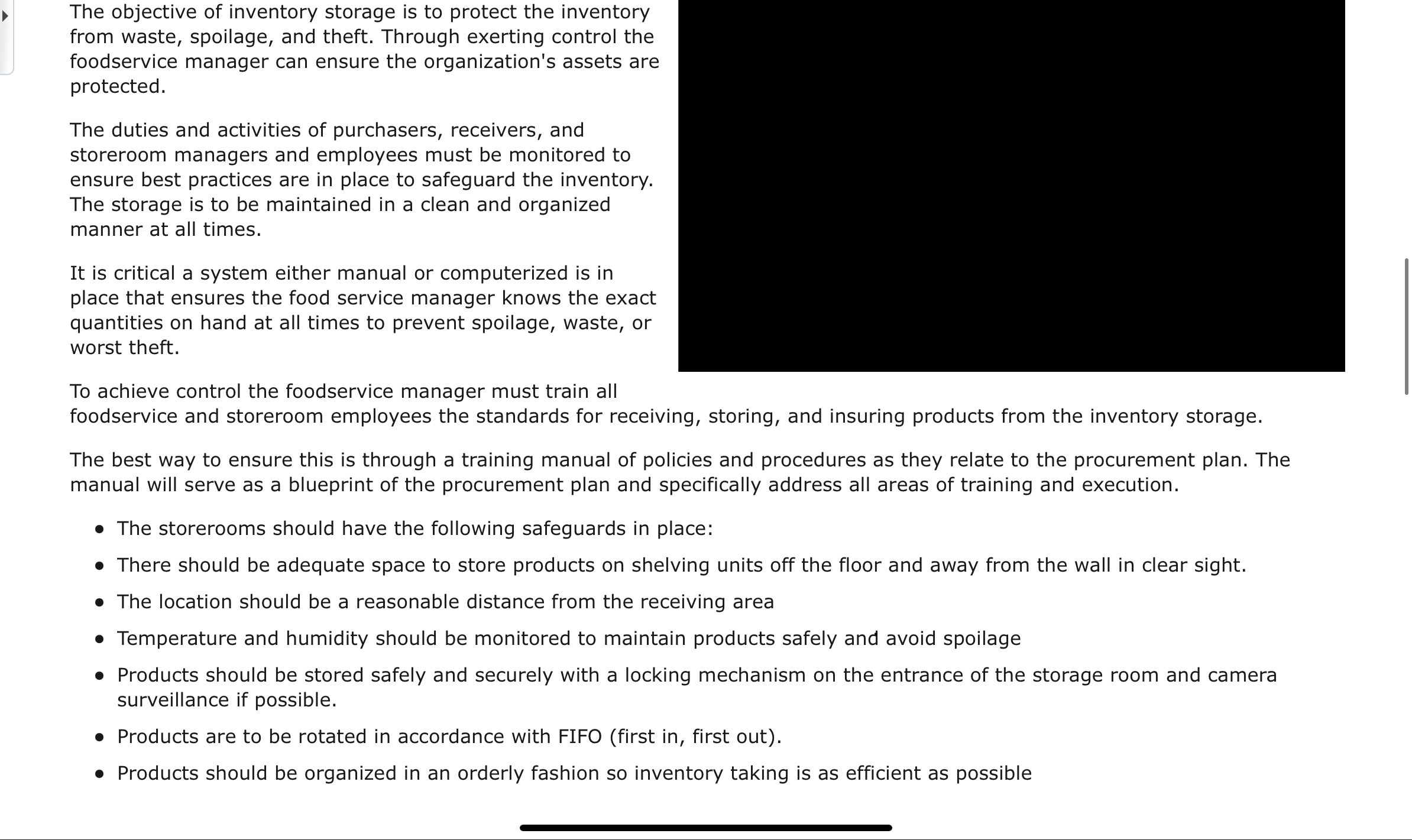 the storage room regardless of the size and type of food service