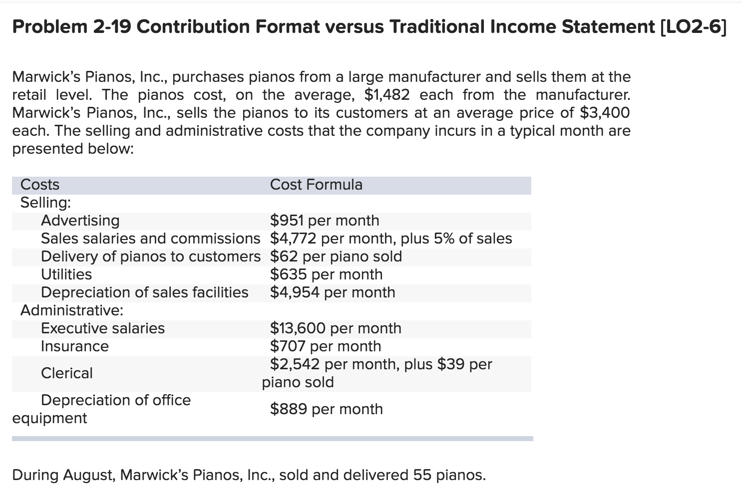 The following is from a managerial accounting class. Problem 2-19 Contribution Format