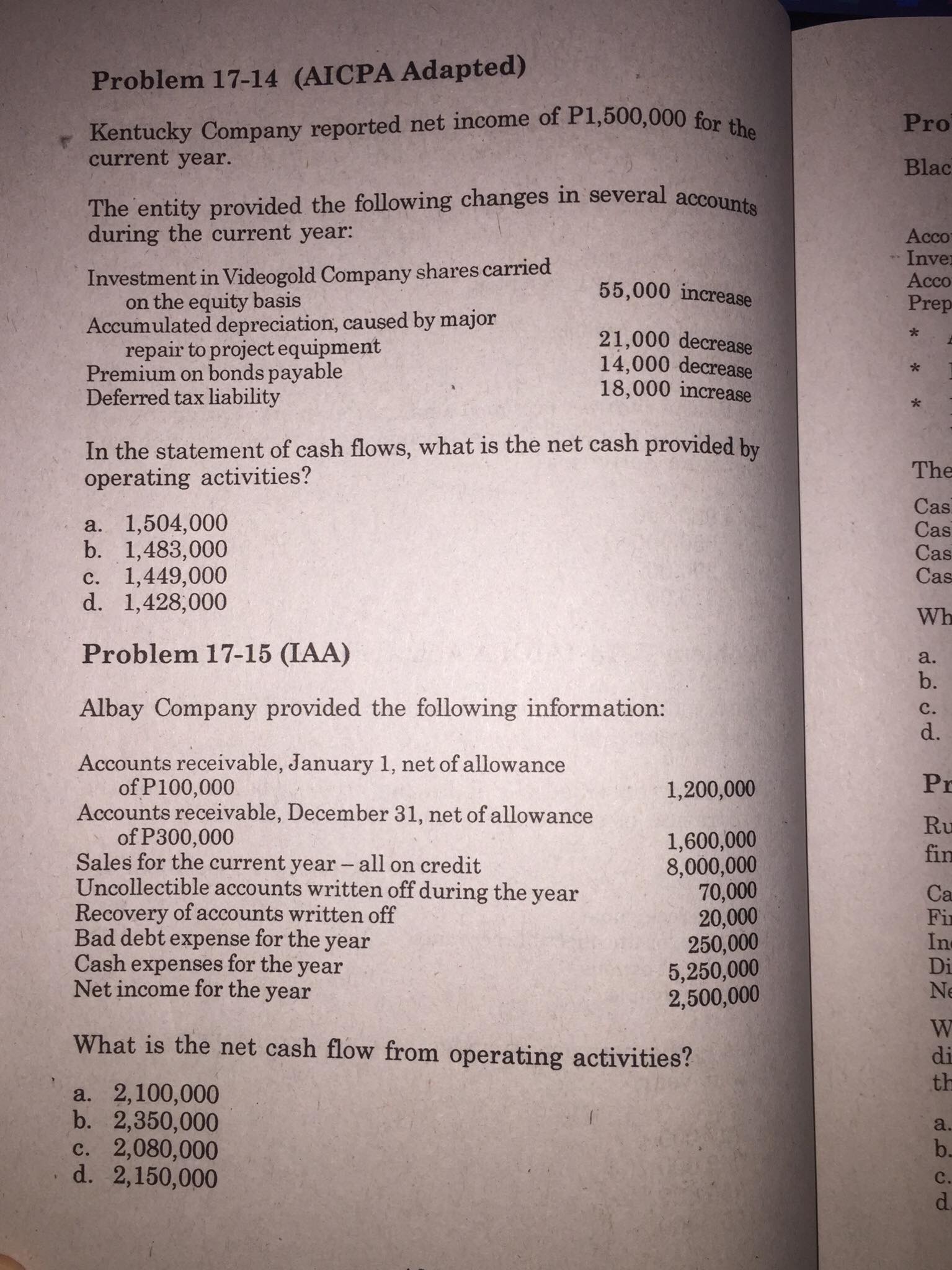 and cash equivalents? a. 3,400,000 b. 2,000,000 C. 2,400,000 d. 3,200,000 Problem