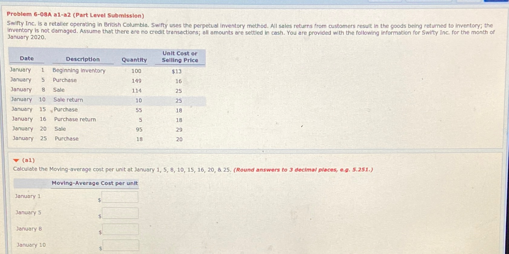  Problem 6-08A a1-a2 (Part Level Submission) Swifty Inc. is a retailer