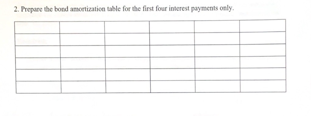 2. Prepare the bond amortization table for the first four interest payments