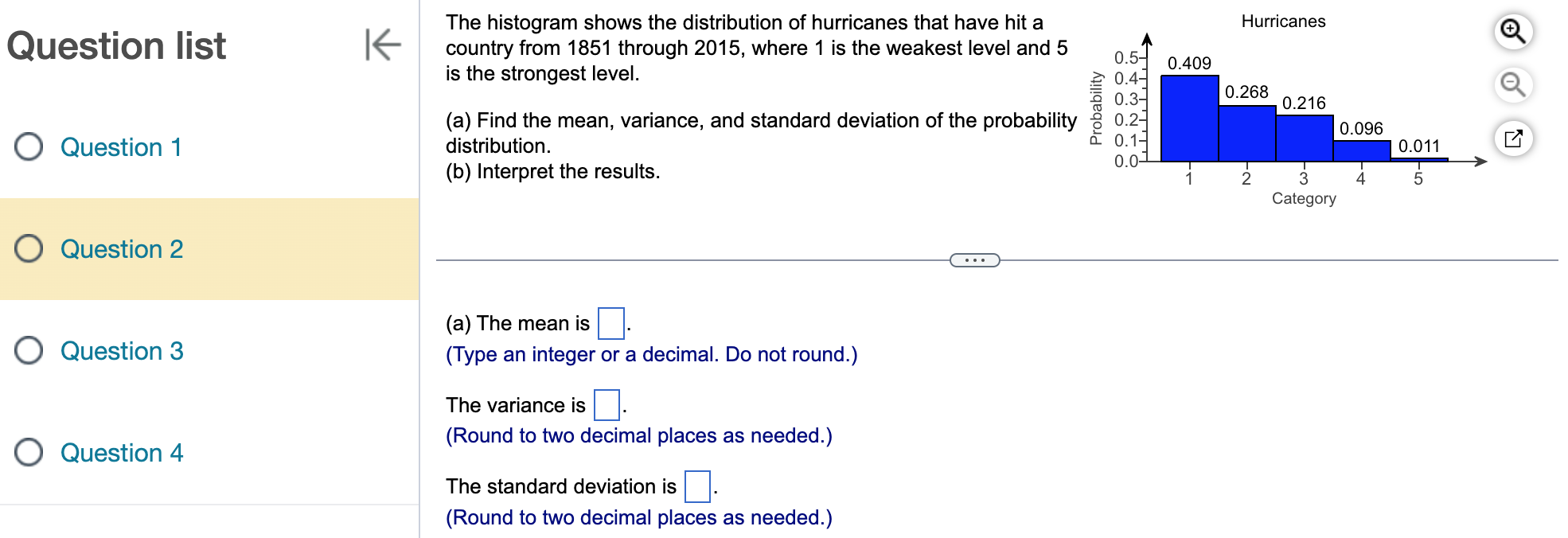 the weakest level and 5 The histogram shows the distribution of hurricanes