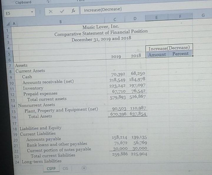  Clipboard ES X V Increase(Decrease) B C D E F G