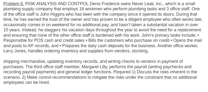 Problem 8. RISK ANALYSIS AND CONTROL Denis Freden'ck owns Never Leak,