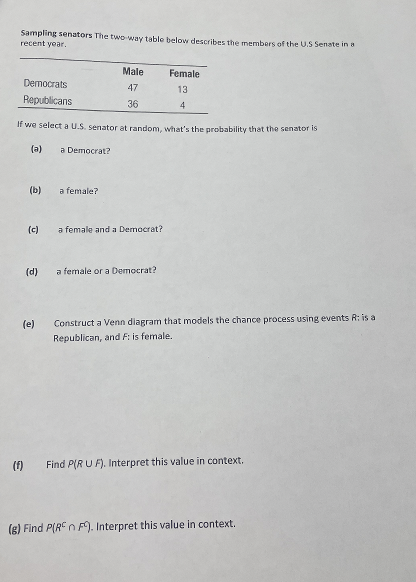  recent year. Sampling senators The two-way table below describes the members