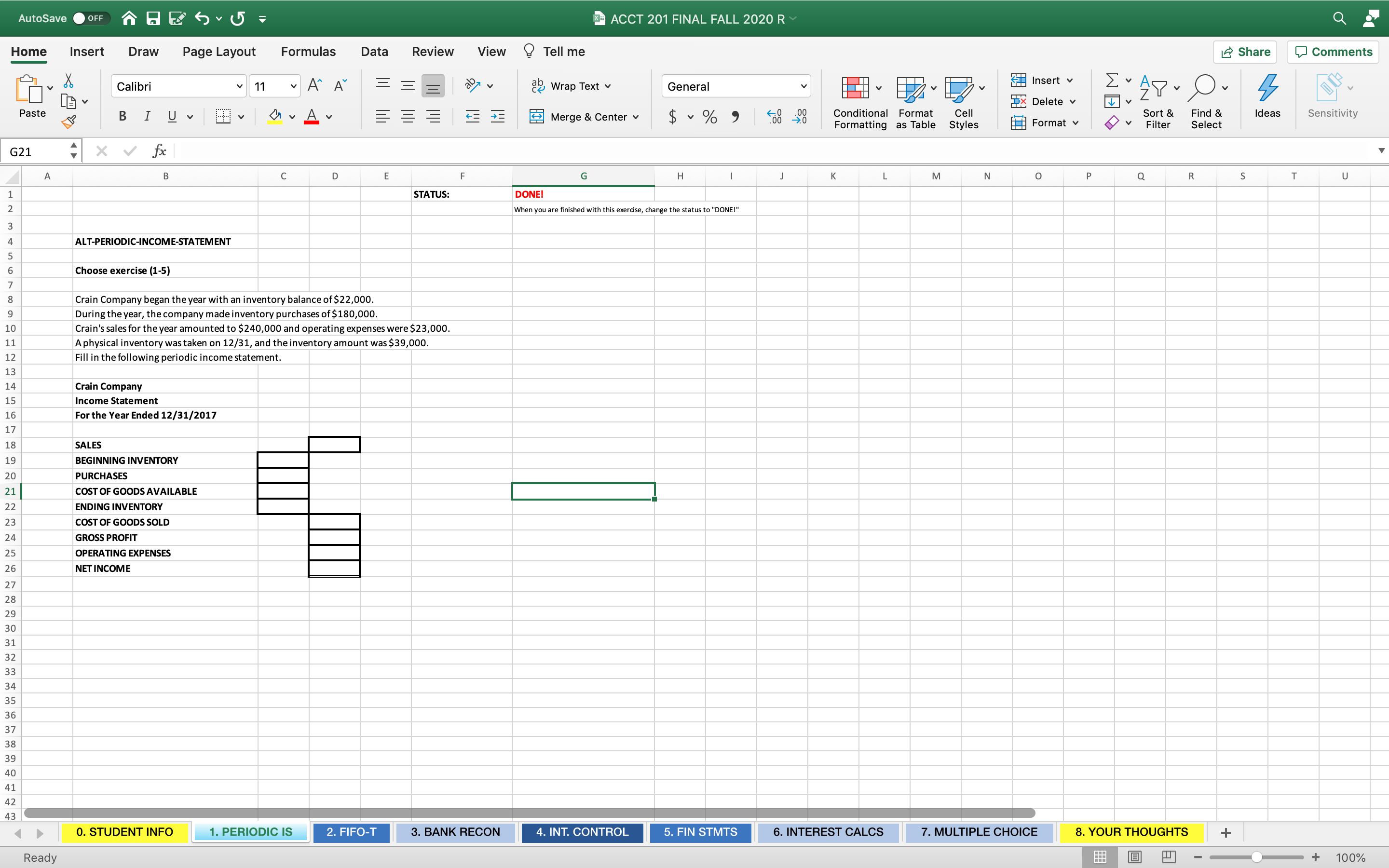 I don't get this problem AutoSave OFF ACCT 201 FINAL FALL 2020