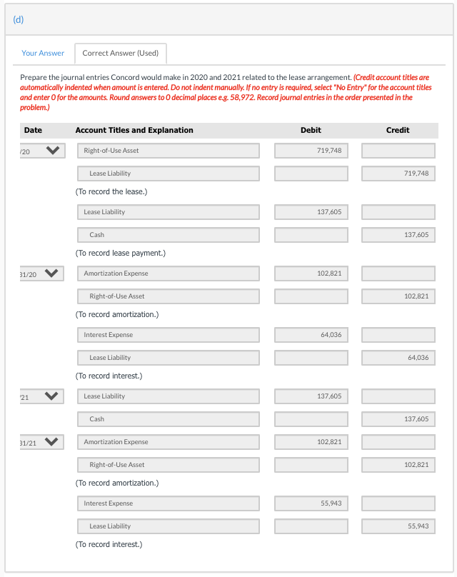 (d) Your Answer Correct Answer (Used) Prepare the journal entries Concord