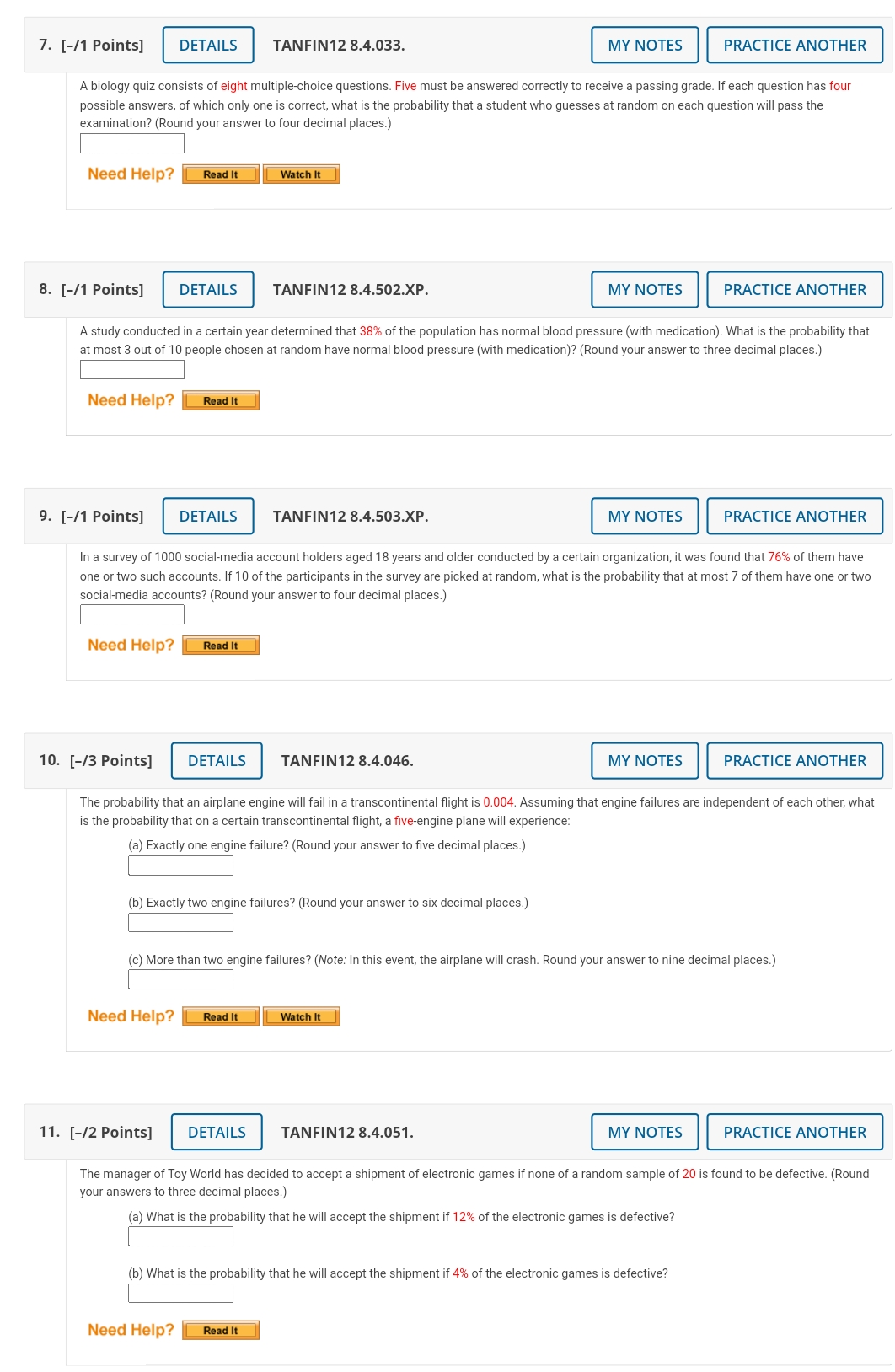 finite Math 200 Question Help 7. [11 Points] DETAILS TAN FIN12 8.4.033.