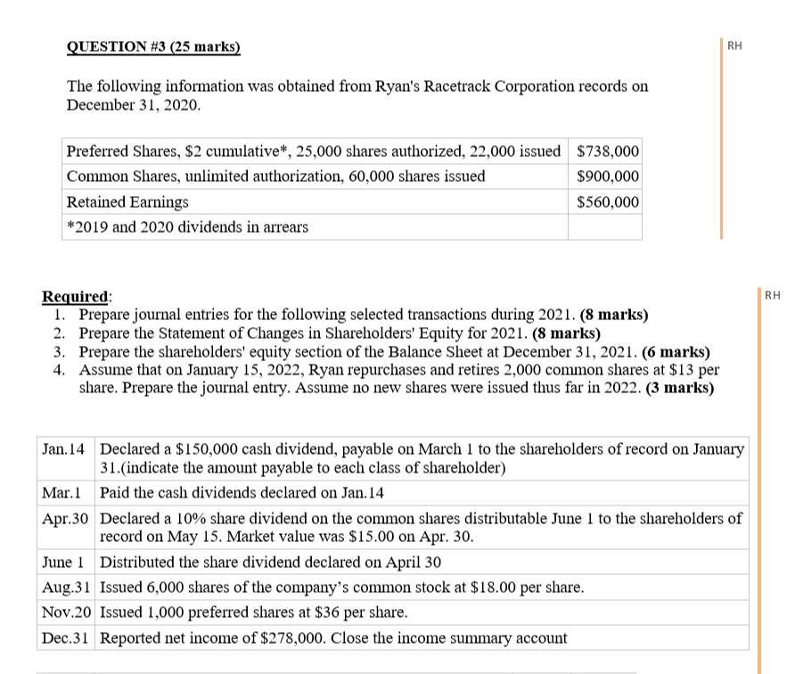 OUESTION (25 marks) The following information was obtained from Ryan's Racetrack Corporation