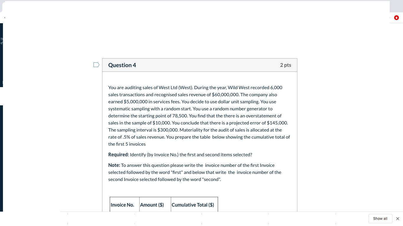 auditing question D Question 4 2 pts You are auditing sales of