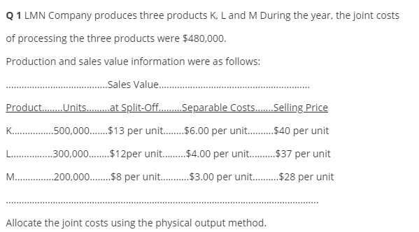Q 1 LMN Company produces three products K, L and M During