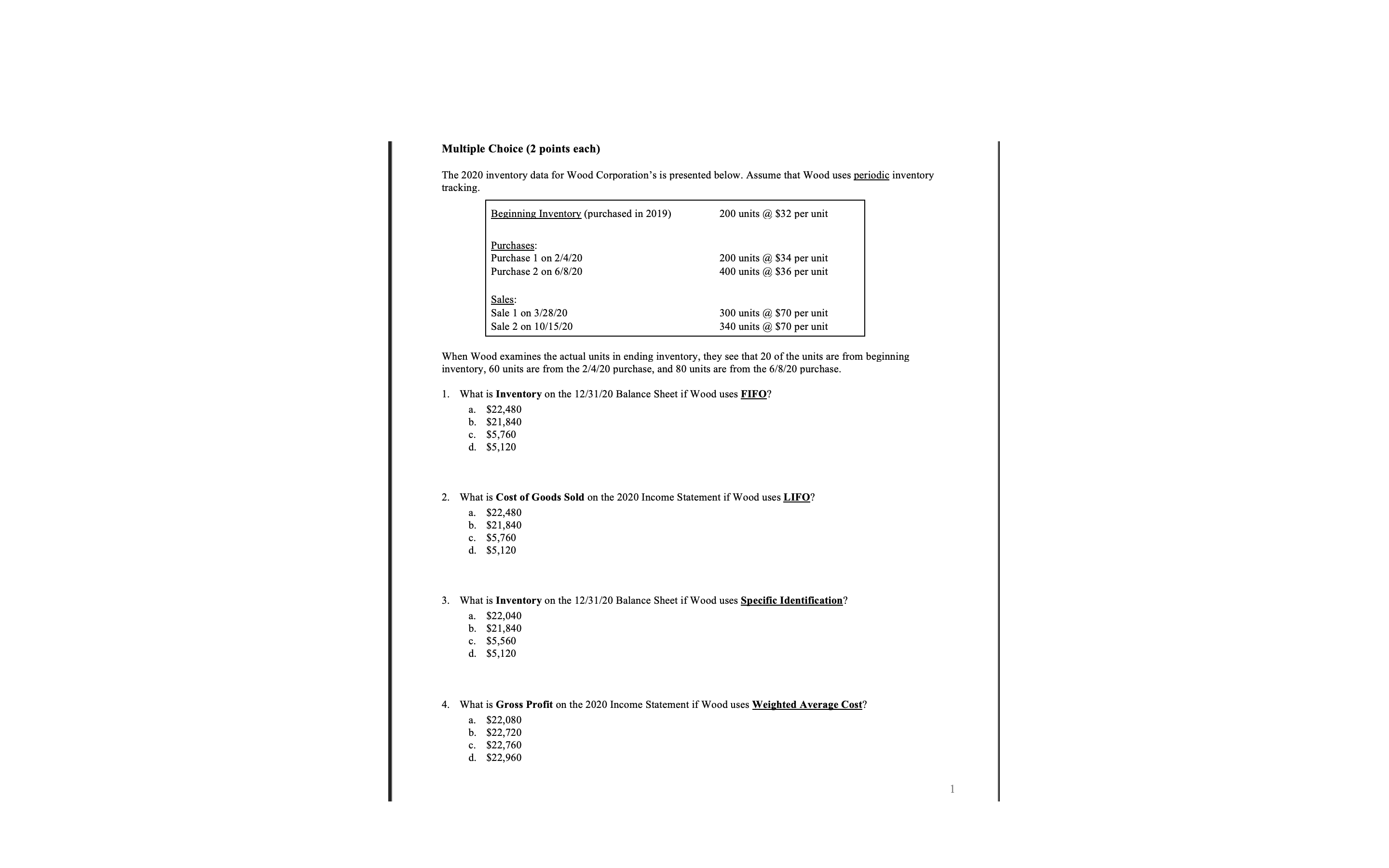 Accounting lab Multiple Choice (2 points each) The 2020 inventory data for