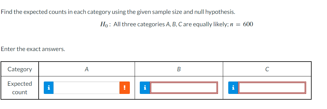 size and null hypothesis. Ho: All three categories A, B, C are