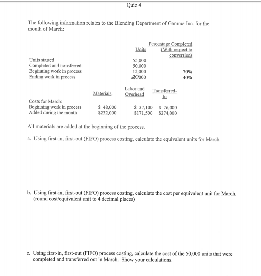 How do I calculate the process costing using FIFO method Quiz 4