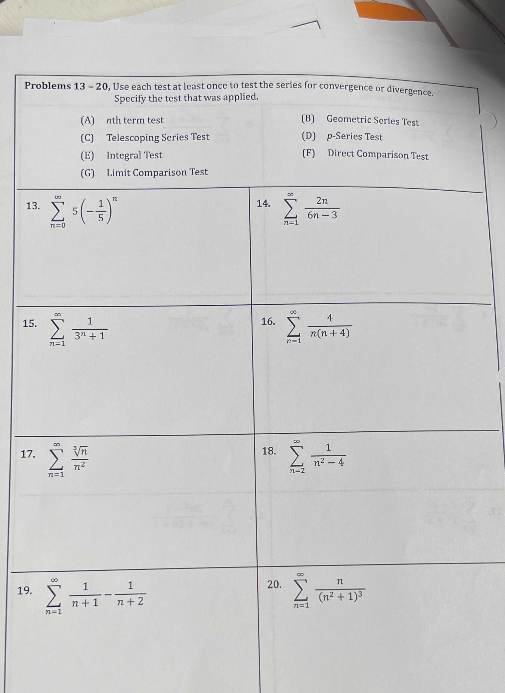 HELP!!!!! Problems 13 - 20, Use each test at least once to