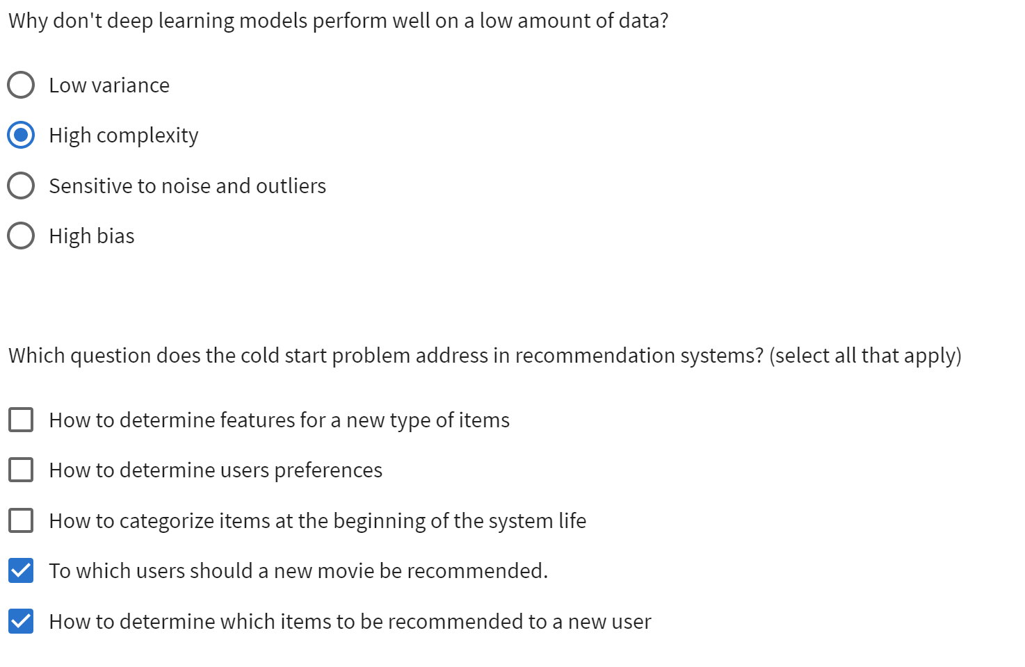 High bias Which question does the cold start problem address in recommendation