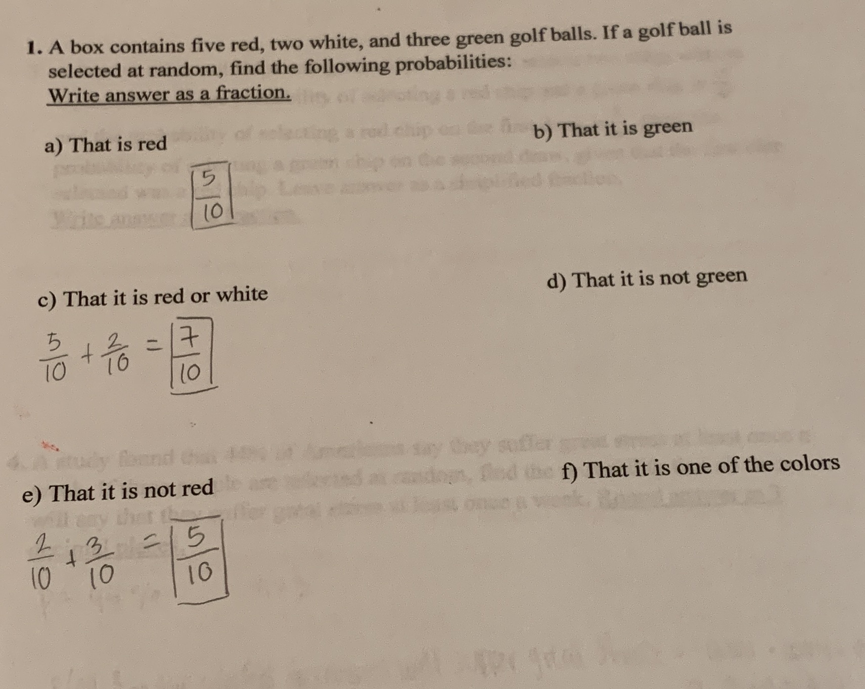 1. A box contains five red, two white, and three green