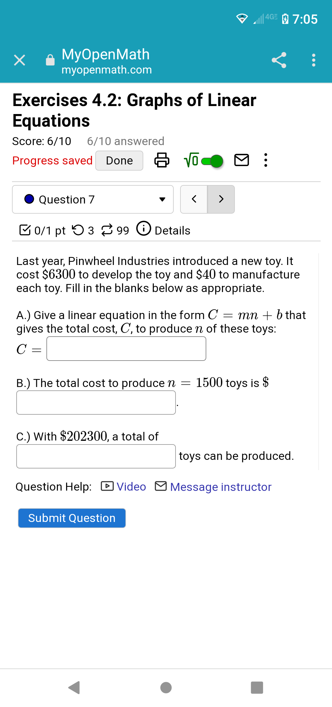 4.2: Graphs of Linear Equations Score: 6/10 6/10 answered Progress saved Done