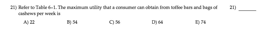 21) Refer to Table 61. The maximum utility that a consumer