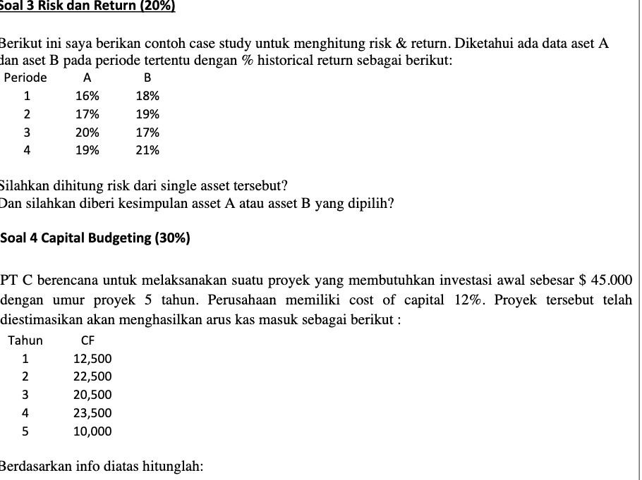 study untuk menghitung risk & return. Diketahui ada data aset A Ian