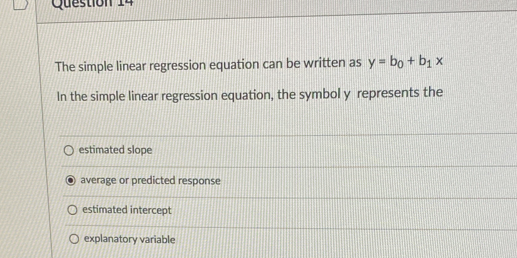 Question I't The simple linear regression equation can be written as
