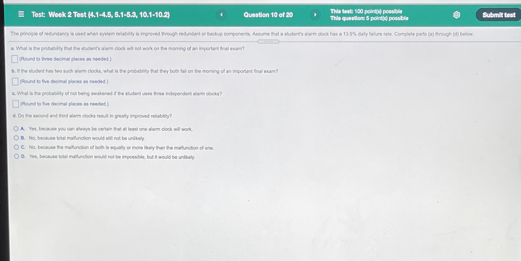 #10 Test: Week 2 Test (4.1-4.5, 5.1-5.3, 10.1-10.2) Question 10 of 20