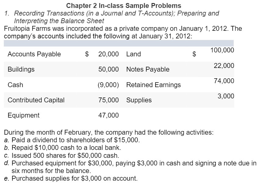  Chapter 2 ln-class Sample Problems 1. Recording Transactions {in a Journal