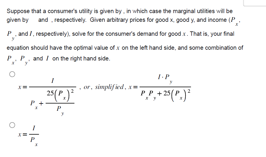 arbitrary prices for good x, good y, and income (P x P