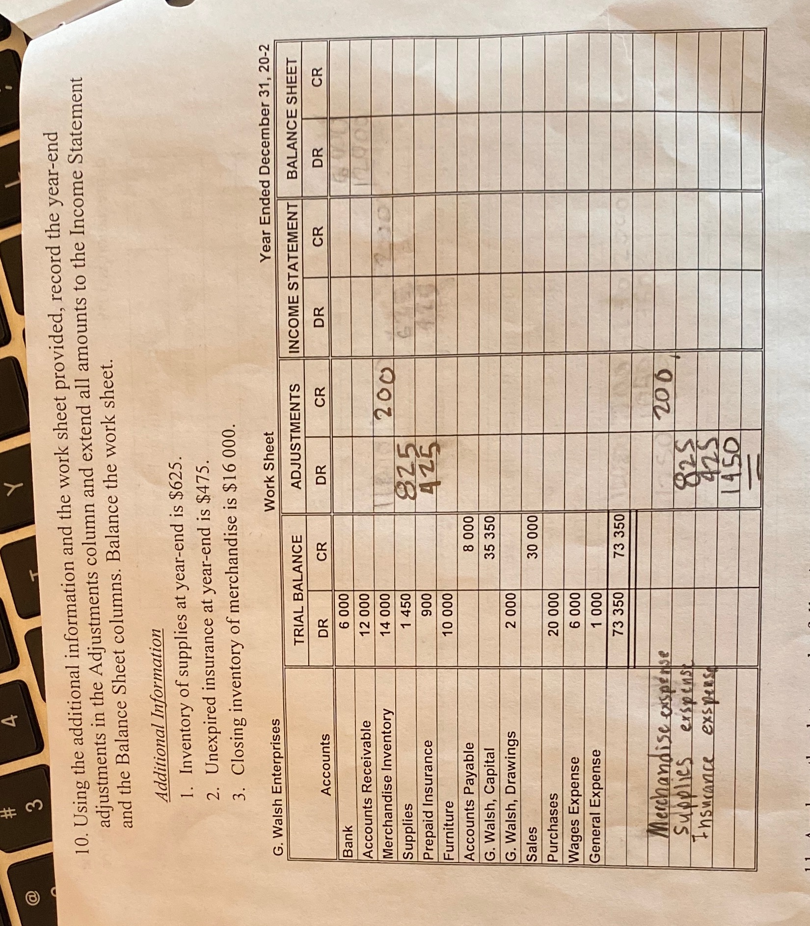 provided, record the year-end adjustments in the Adjustments column and extend all