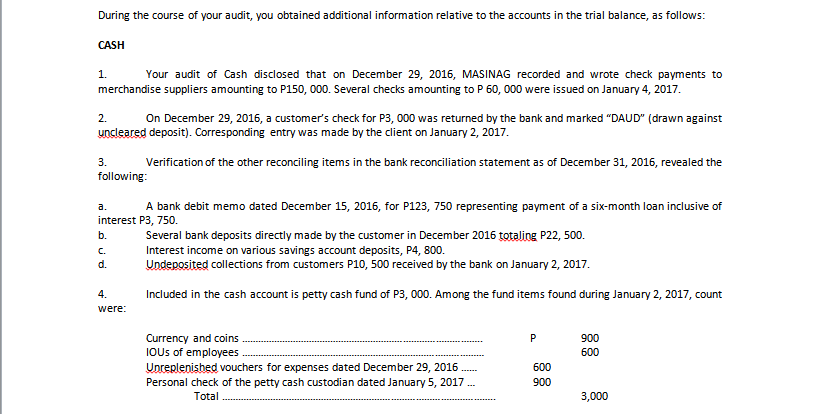MASINAG COMPANY UNADJUSTED TRIAL BALANCE December 31, 2016 DEBIT CREDIT Cash P