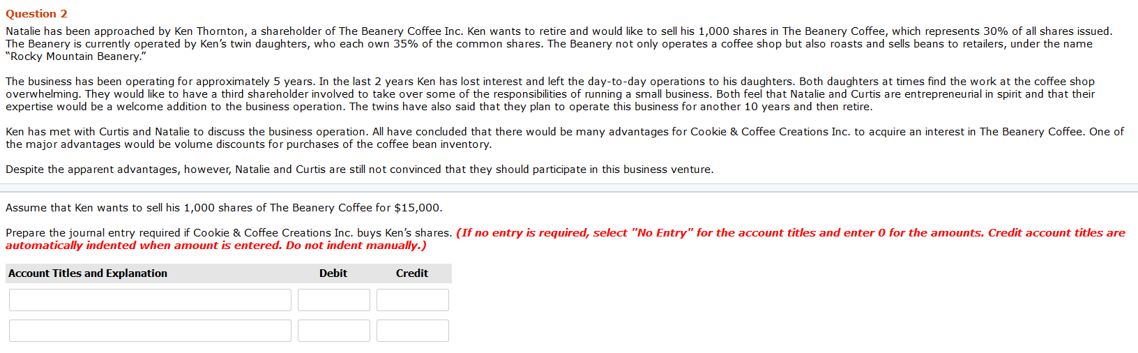  Question 2 Natalie has been approached by Ken Thornton, a shareholder