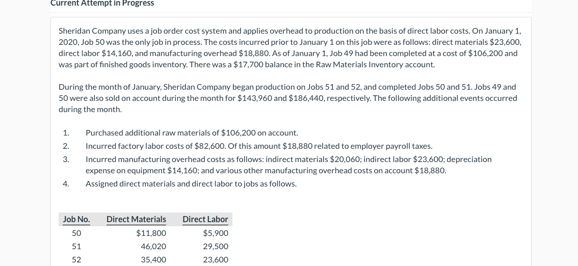 Current Attempt In Progress Sheridan Company uses a job order cost system