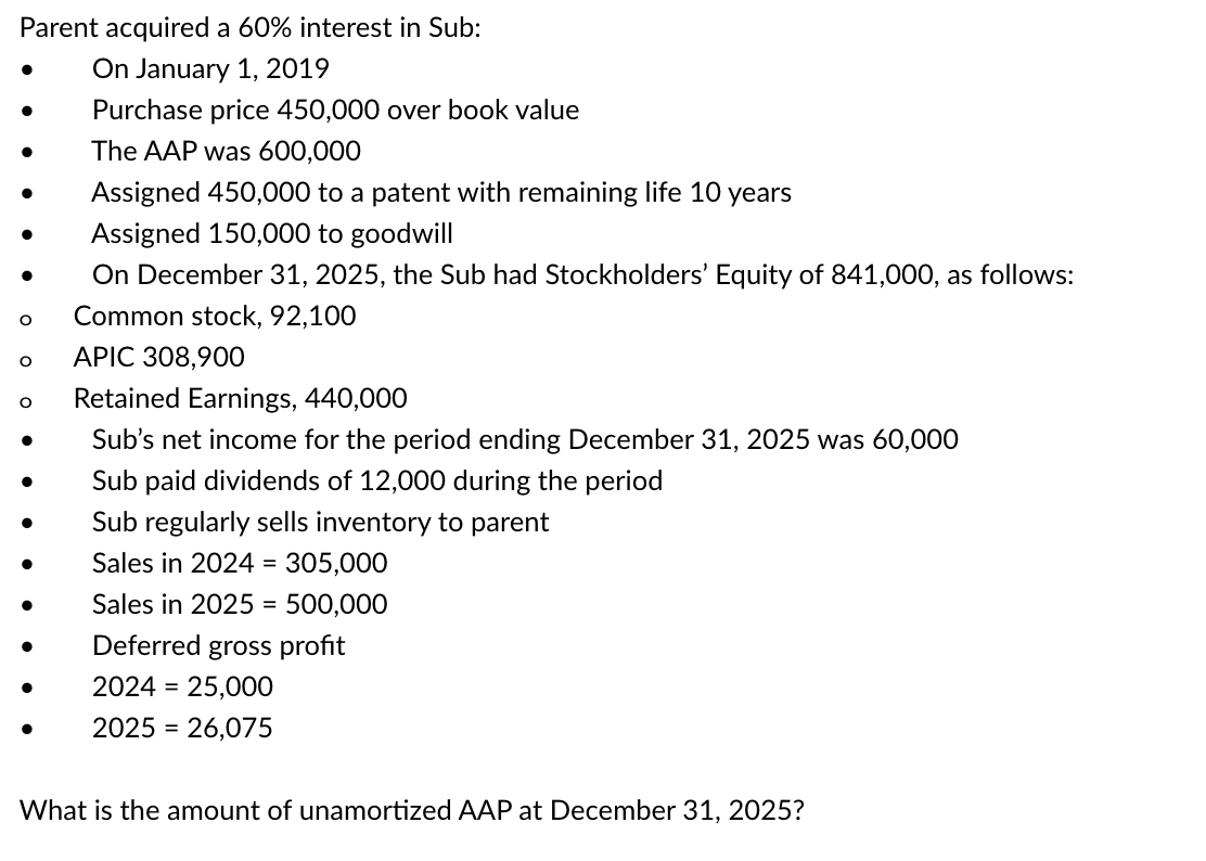 solve question: Parent acquired a 60% interest in Sub: - On January