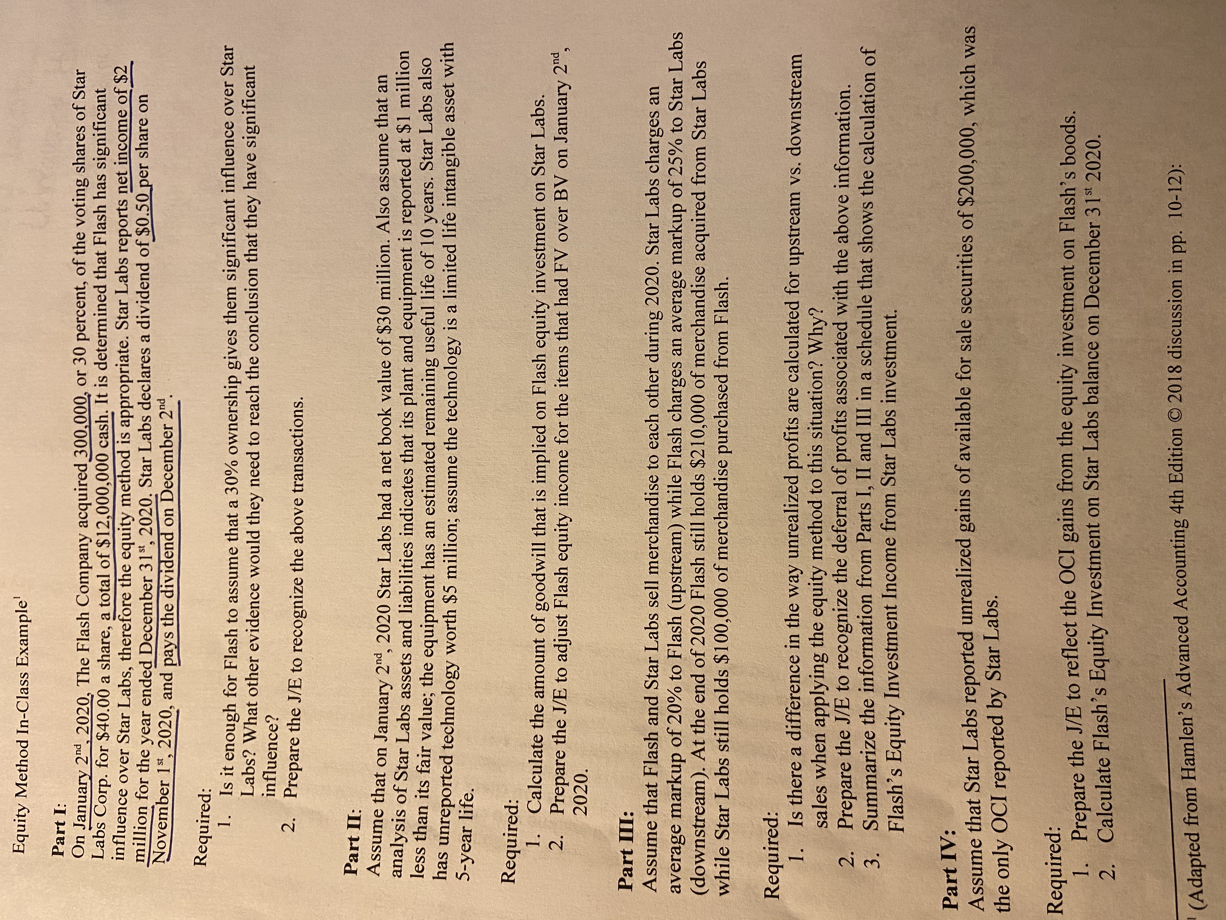  Equity Method In-Class Example' Part I: On January 2nd, 2020, The