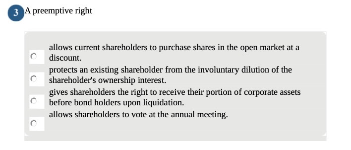  0A preemptive right allows current shareholders to purchase shares in the