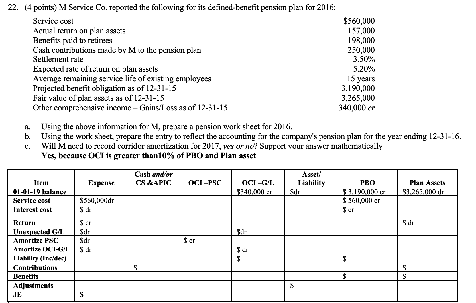 solve problem: 22. (4 points) M Service Co. reported the following for