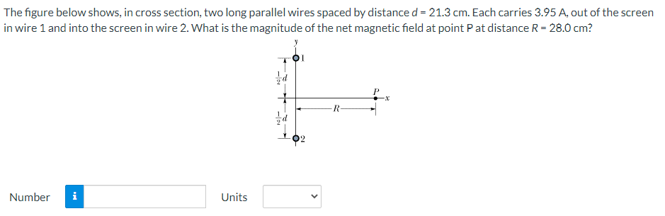 by distance d = 21.3 cm. Each carries 3.95 A, out of