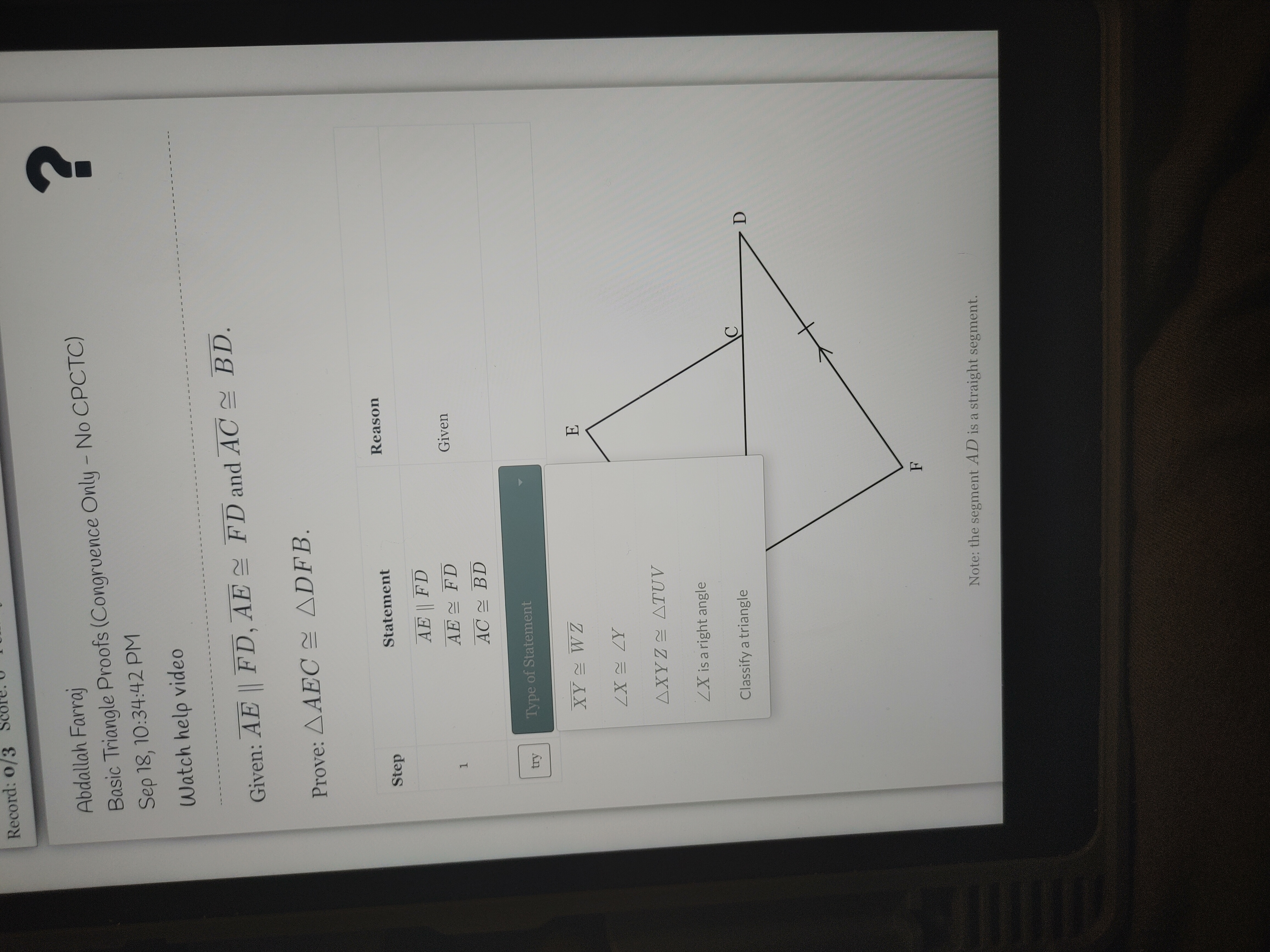  Record: 0/3 Scor Abdallah Farraj Basic Triangle Proofs (Congruence Only -
