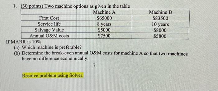Y5 1. (30 points) Two machine options as given in the table